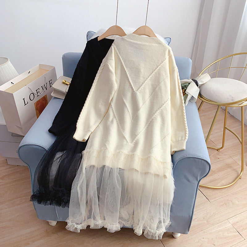 Mesh stitched loose long wool dress  4941