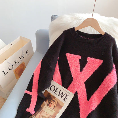 Lazy letter three-dimensional flocking jacquard sweater  5043