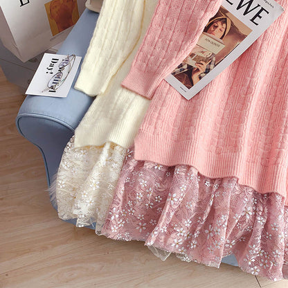 Lace stitched wool dress knit bottomed dress  5054