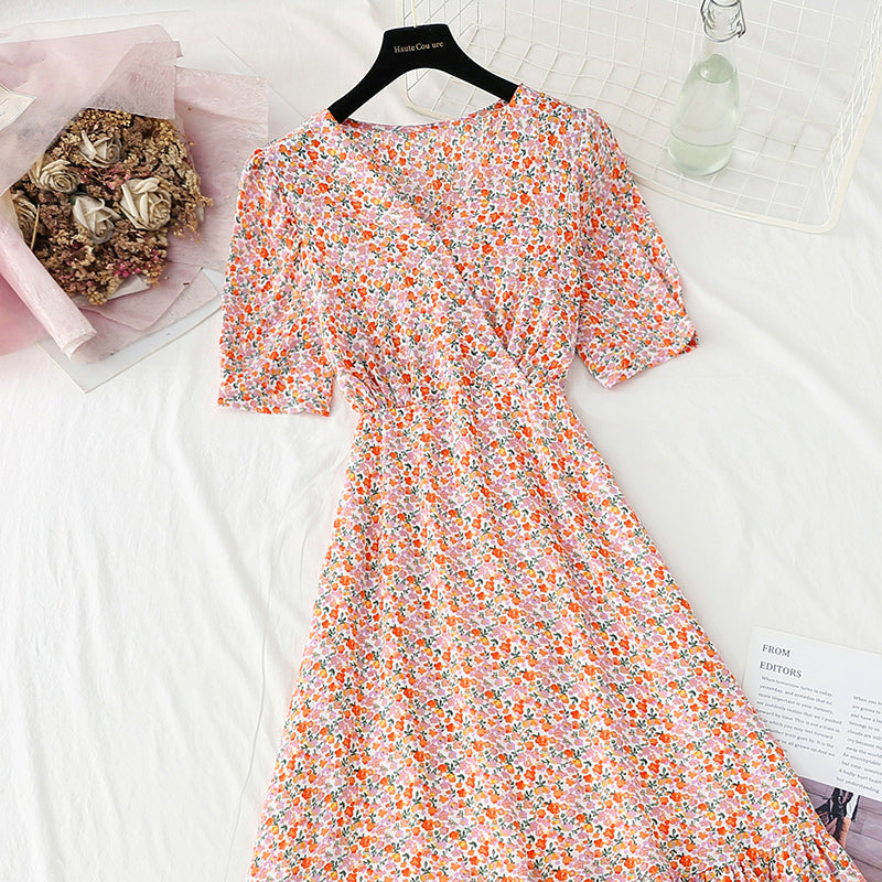 Floral Chiffon Dress gentle wind long skirt sweet V-neck  4859