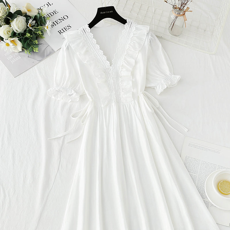 Cotton linen dress French gentle V-neck lace skirt  4887