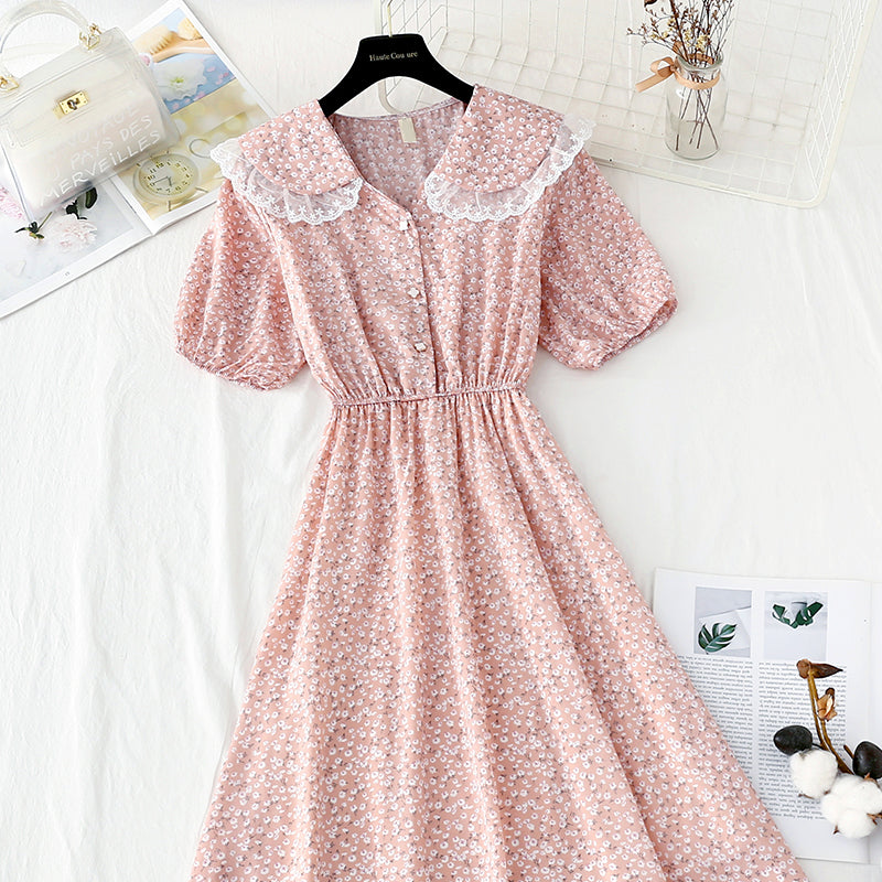 New lace doll neck French retro temperament fairy Chiffon Skirt  4844