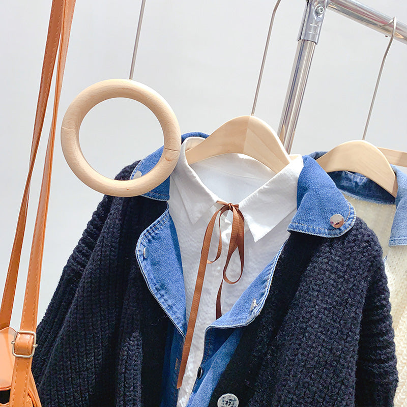 Denim stitched fake two sweater coat knitted cardigan  5038