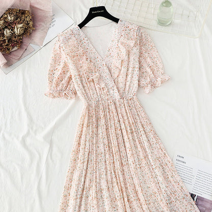 New French V-neck sweet Ruffle gentle snow spun dress  4852