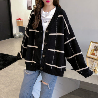 Harajuku sweater cardigan Plaid loose and versatile  4913