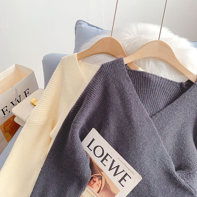 Korean V-Neck Sweater Vintage loose lazy top  4971