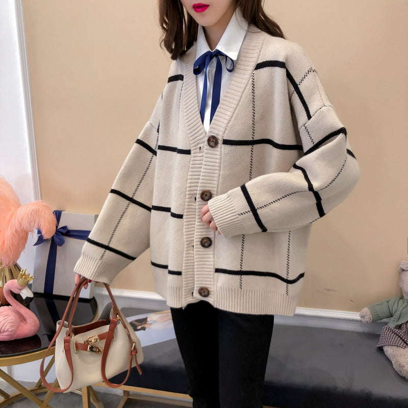 Harajuku sweater cardigan Plaid loose and versatile  4913