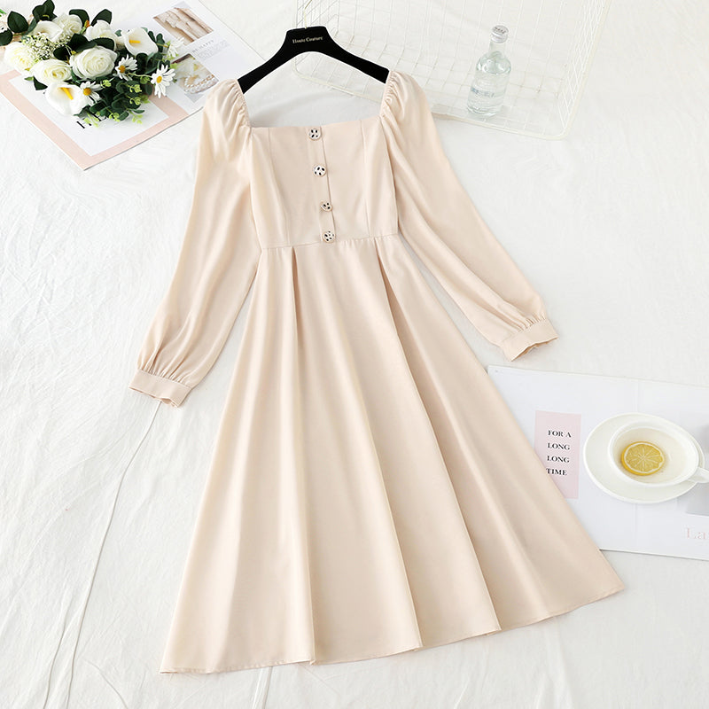 New solid color sweet square neck covering meat, thin and gentle skirt  4735
