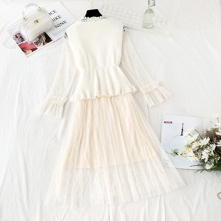 Lace inside dress vest skirt two piece suit  4742