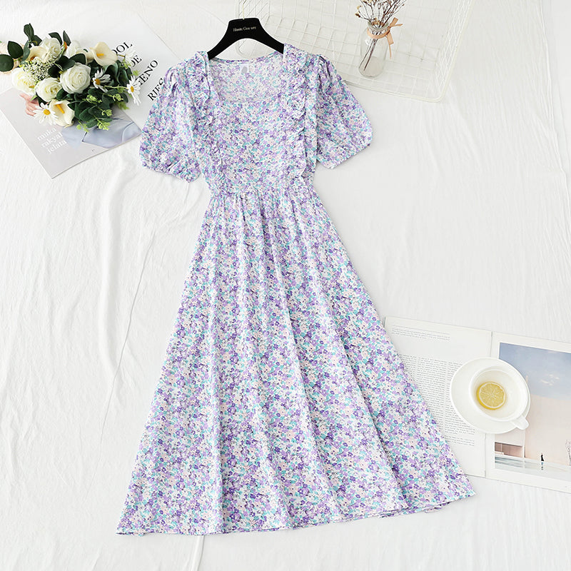 French first love sweet square neck bubble sleeve tea break skirt  4890