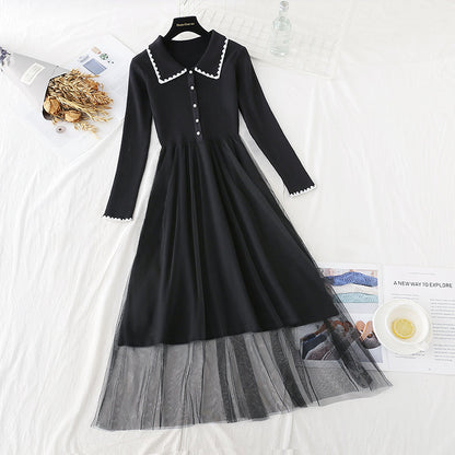 New age reduced doll neck mesh stitched knee length sweater skirt  4738