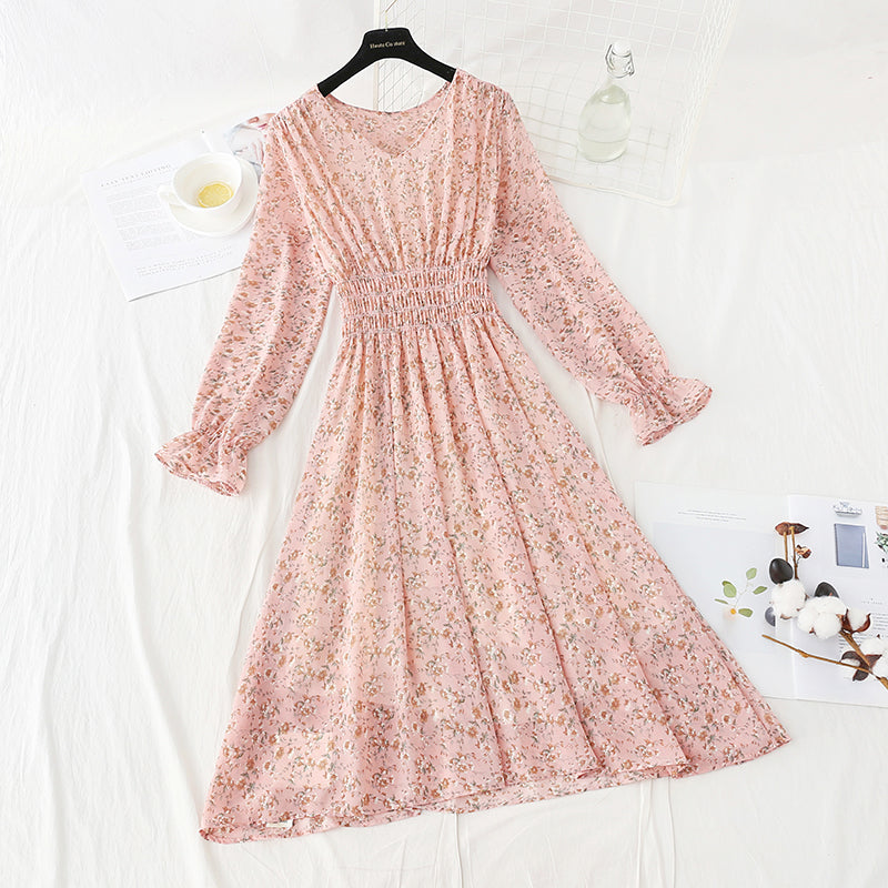 New women's pleated elastic waist Floral Dress  4816