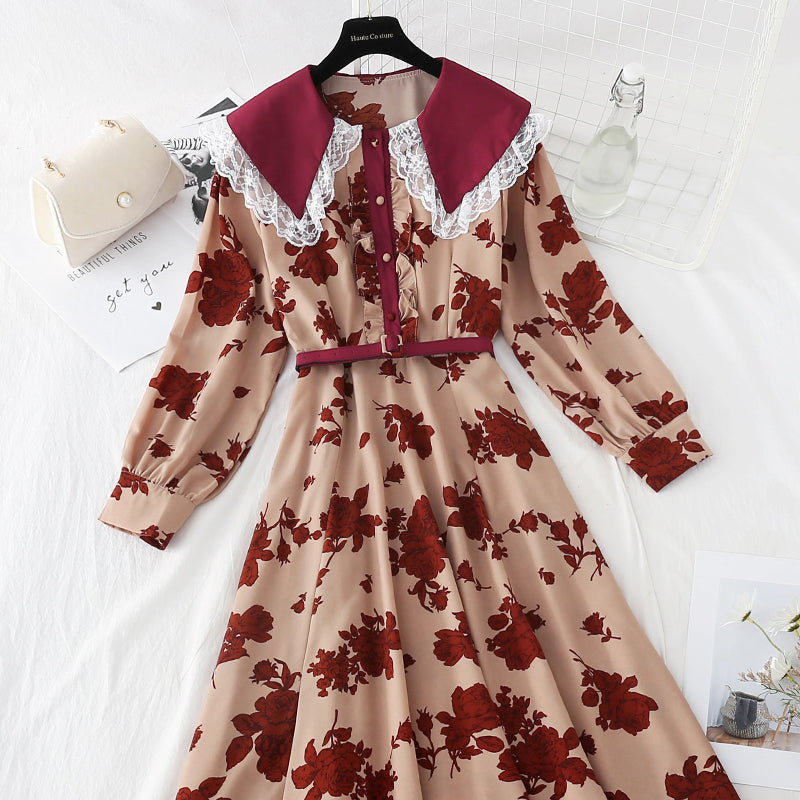 Slim temperament gentle wind retro Lapel lace stitched Chiffon Skirt  4809