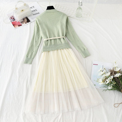 New gentle sweater with mesh suspender skirt two-piece set  4739