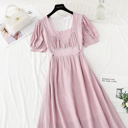 New French bubble sleeve small skirt square neck Fairy Dress  4867