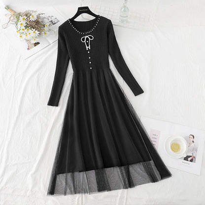 The new waist is slim and retro mesh stitched sweater skirt  4781