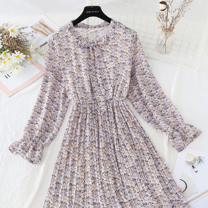 New Chiffon bow pleated skirt elastic waist thin age reducing Floral Dress  4807