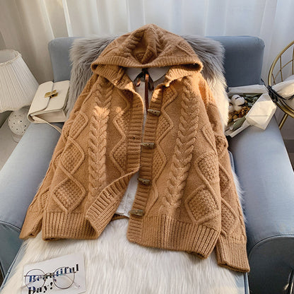 Ox horn button hooded twist sweater coat  4990