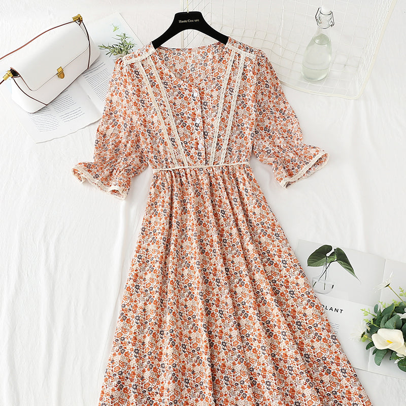 Lady floral dress tea break skirt French Vintage chiffon long skirt  4874