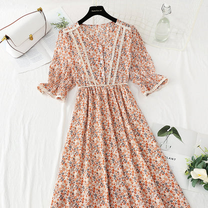 Lady floral dress tea break skirt French Vintage chiffon long skirt  4874