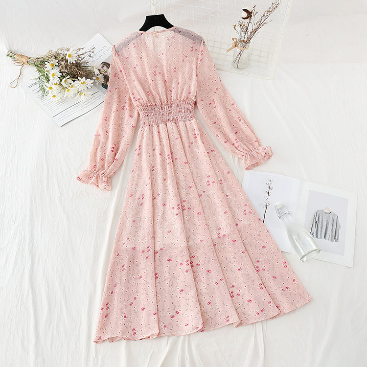 Pleated knee length floral dress gentle wind thin temperament slim skirt  4808