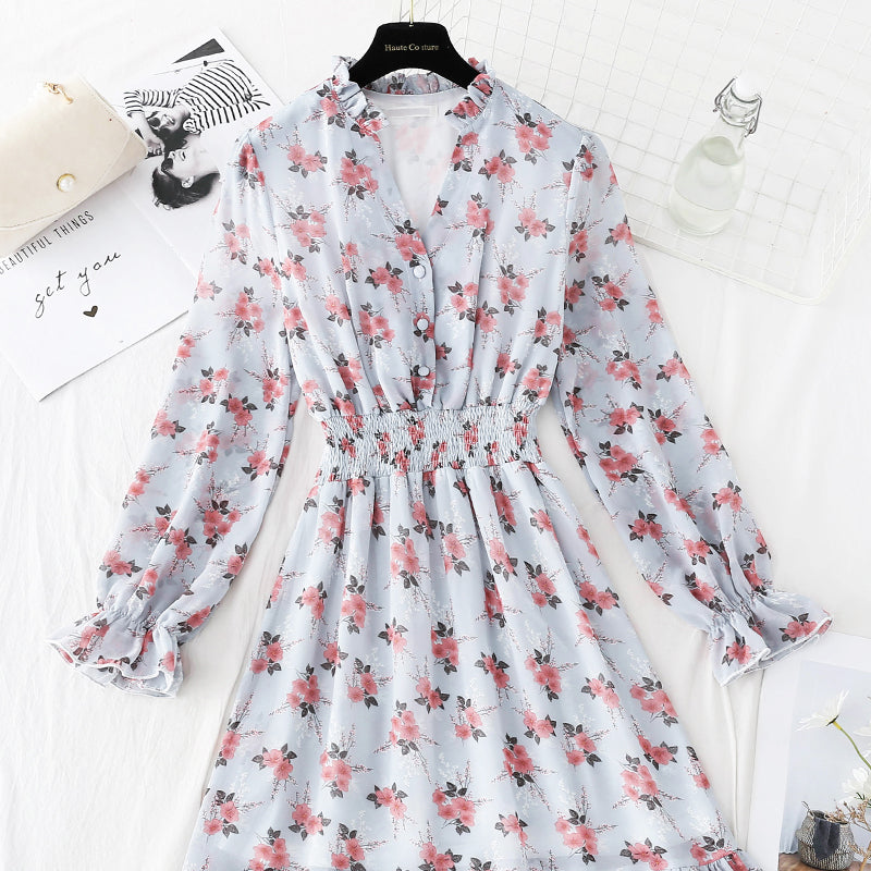 New female V Neck elastic waist Floral Dress Chiffon Skirt  4813