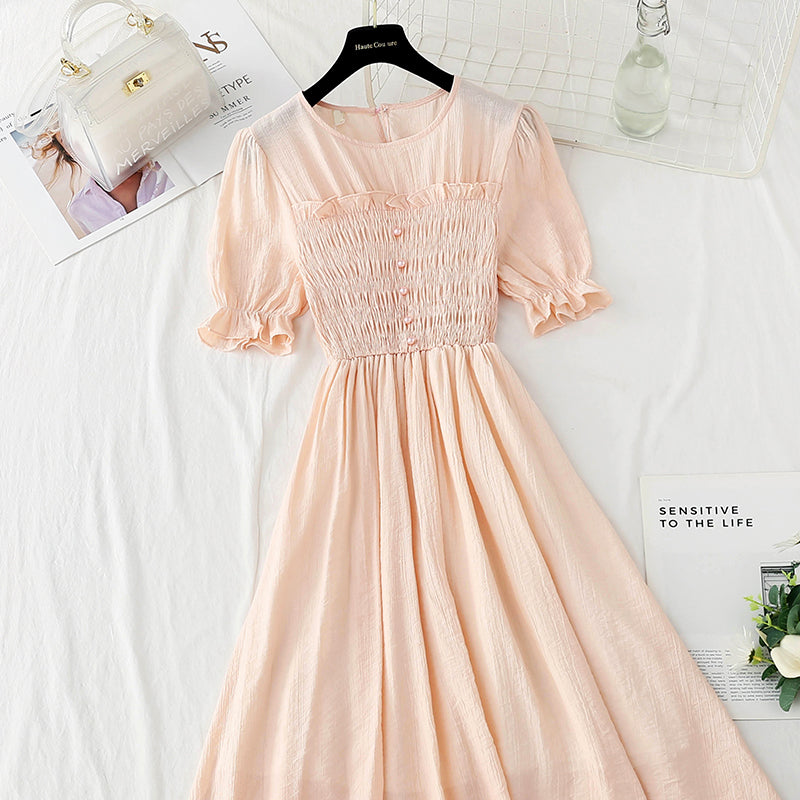 Cotton linen dress French retro slim dress  4884