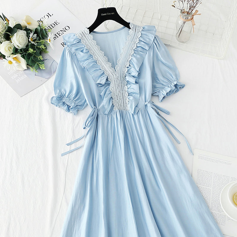 Cotton linen dress French gentle V-neck lace skirt  4887