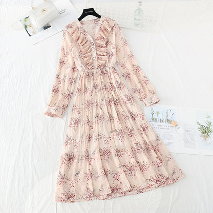 New Retro slim light mature wind broken flower pleated fairy Chiffon Skirt  4718