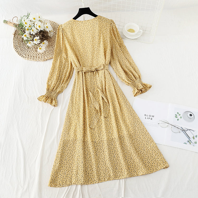 New waist closing slim bandage Chiffon French tea break dress 4576