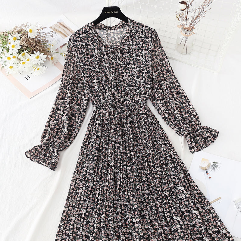 New Chiffon bow pleated skirt elastic waist thin age reducing Floral Dress  4807