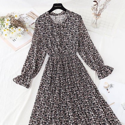 New Chiffon bow pleated skirt elastic waist thin age reducing Floral Dress  4807
