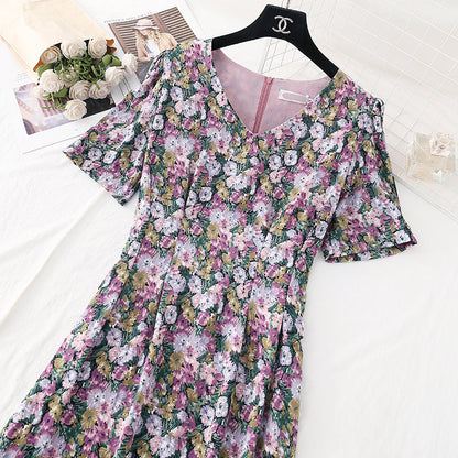 The new waist is slim, French retro Chiffon oil painting fishtail skirt  4585
