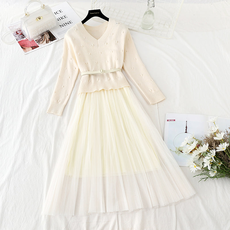 New gentle sweater with mesh suspender skirt two-piece set  4552