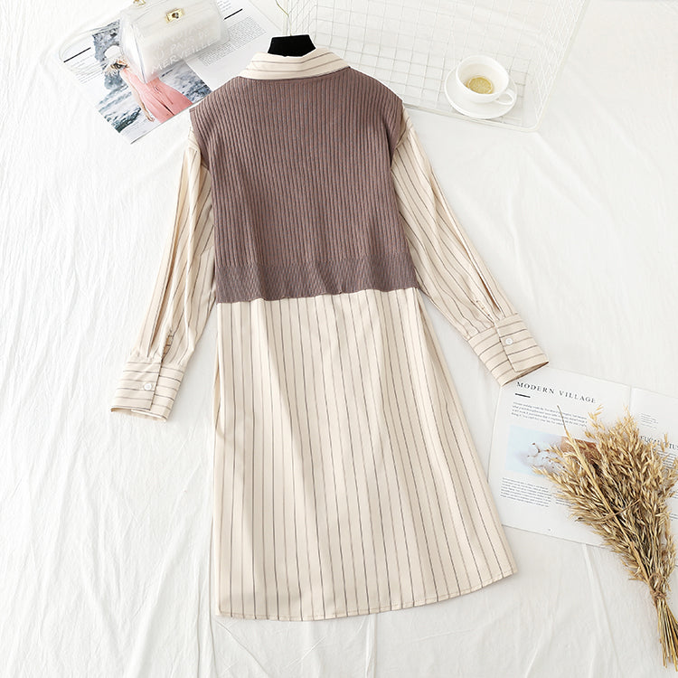 New skirt striped shirt + knitted vest set loose College English two piece set  4543
