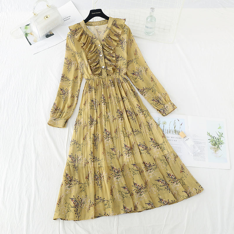 New Vintage high waist thin broken flower pleated fairy Chiffon Skirt  4540