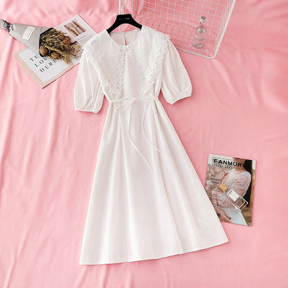 Lace doll neck cotton linen dress French retro bubble sleeve  4590