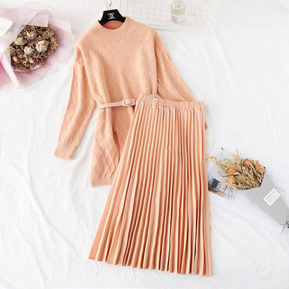 Knee knitted sweater pleated skirt two piece set  4463