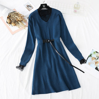 Knitted dress lace backing fake two skirts  4493