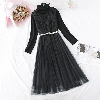 Mesh vest skirt + high neck bottomed shirt two-piece set  4578