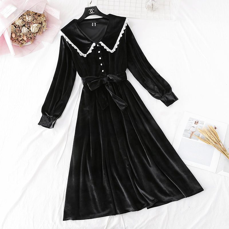 French retro golden velvet dress super xiansen long skirt  4499