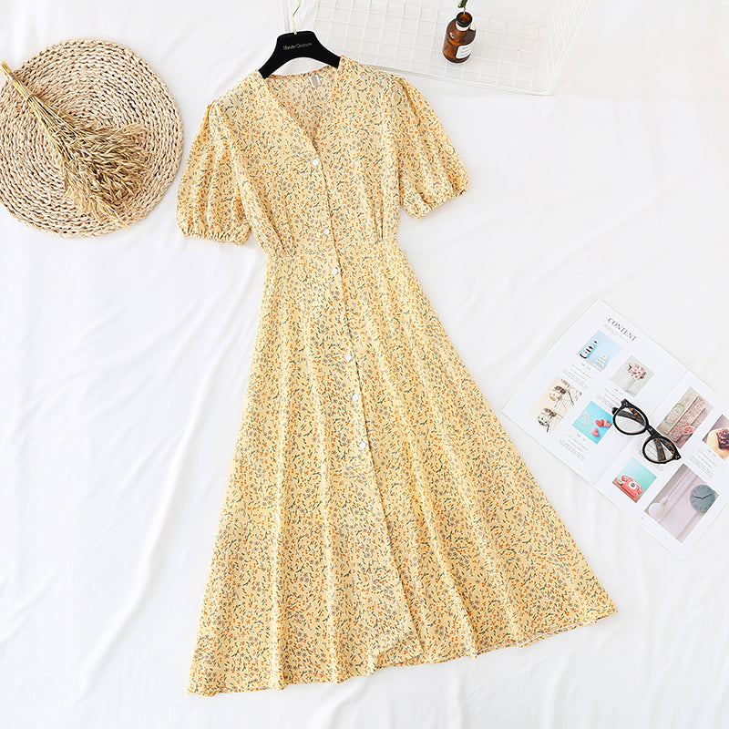Small fresh floral dress with single waist and thin buttons 4664