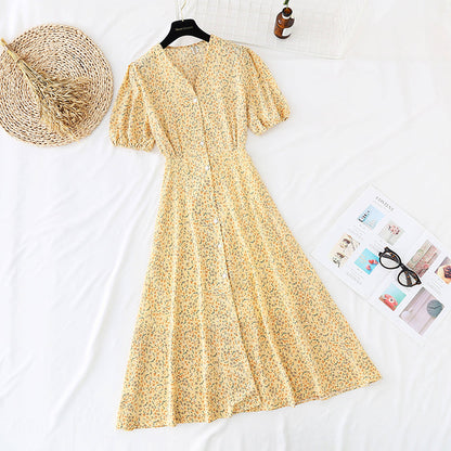 Small fresh floral dress with single waist and thin buttons 4664