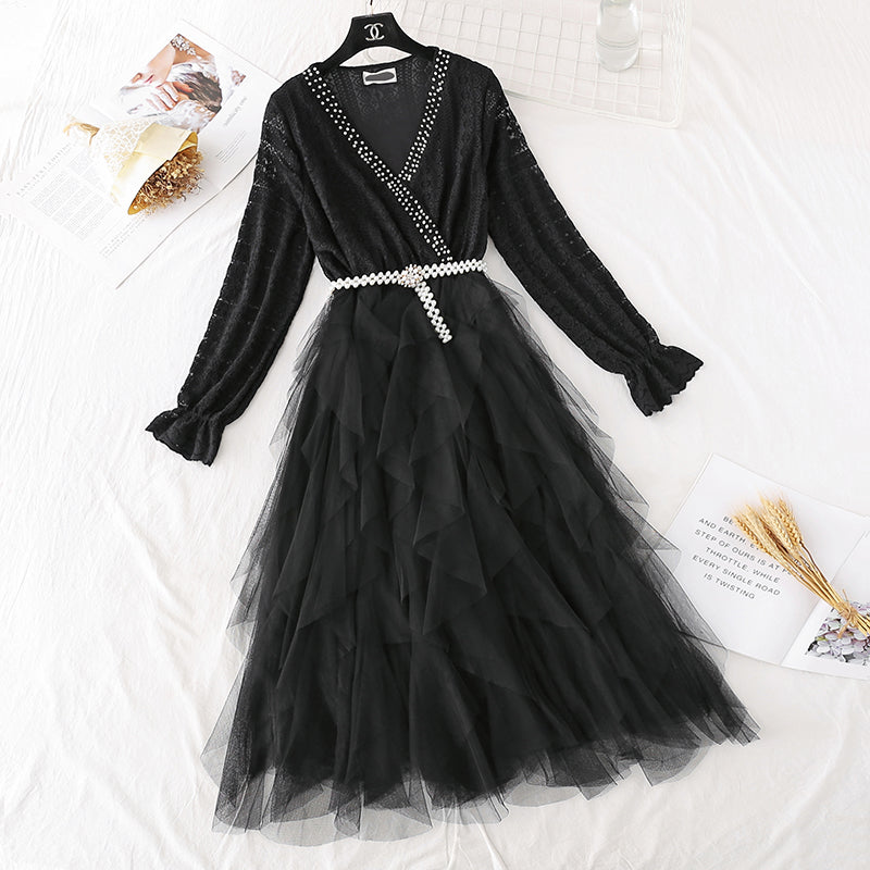 Lace dress French Vintage mesh stitched cake skirt with a slim waist  4498