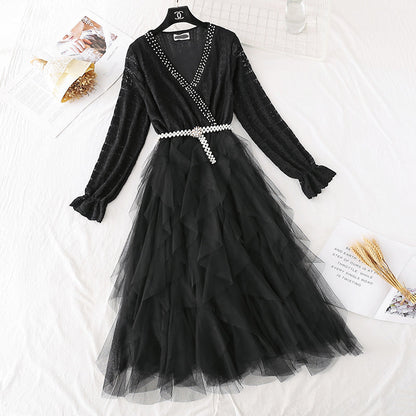 Lace dress French Vintage mesh stitched cake skirt with a slim waist  4498