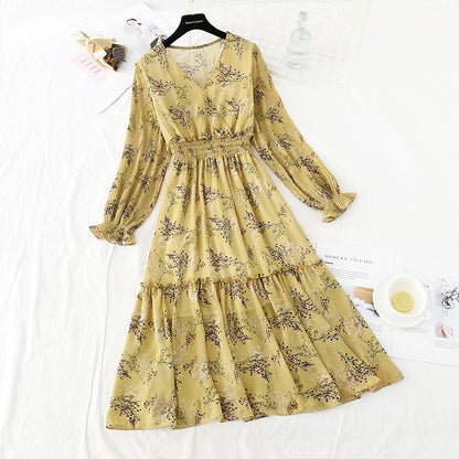 New gentle wind, slim slim, elastic waist, wrinkled Chiffon Floral Dress  4714