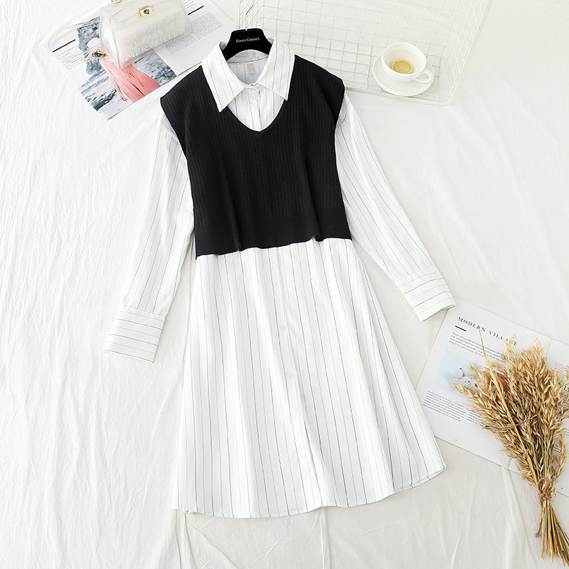 New skirt striped shirt + knitted vest set loose College English two piece set  4543