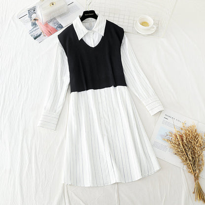 New skirt striped shirt + knitted vest set loose College English two piece set  4543
