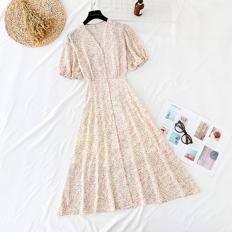 New waist closing single breasted slim Chiffon French retro dress  4516