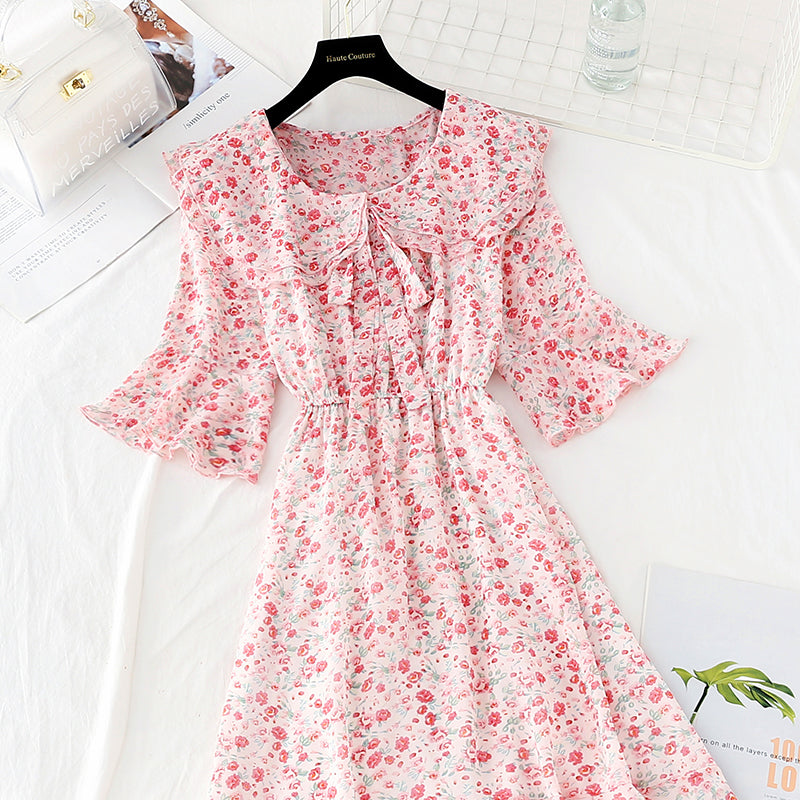 New sweet college broken Flower Chiffon French retro dress  4518